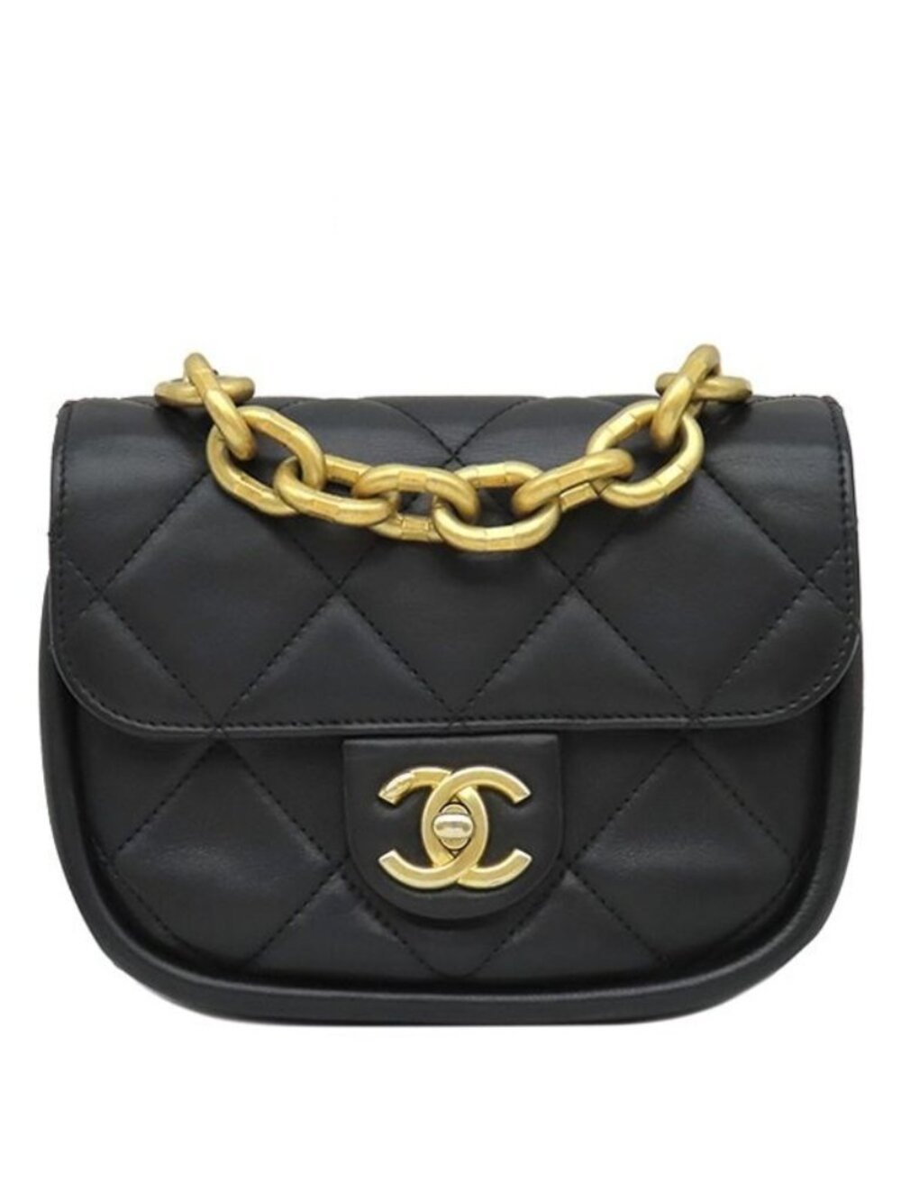 Chanel Shoulder Bag CC Logo Mini Chain Calfskin Black Gold
